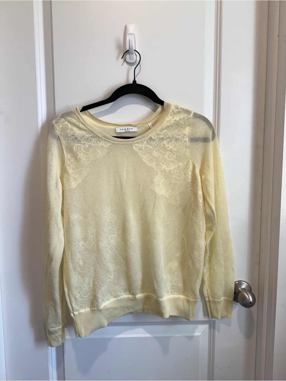 Sandro Paris Lace Detail Sweater Light Yellow Sheer Knit Pullover Size Small